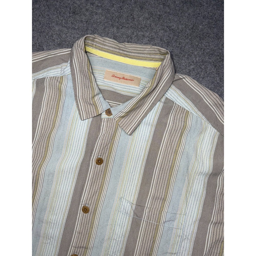 Tommy Bahama Button Up Mens Size XLT Shirt Short Sleeve Striped Silk Cotton